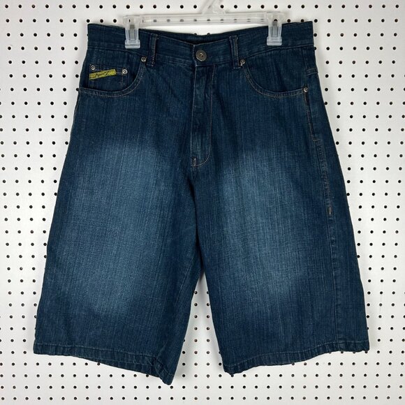 Brooklyn Xpress Dark Wash Jorts Size 34 Blue Jean Denim Embroidered Skater Punk - Picture 4 of 7